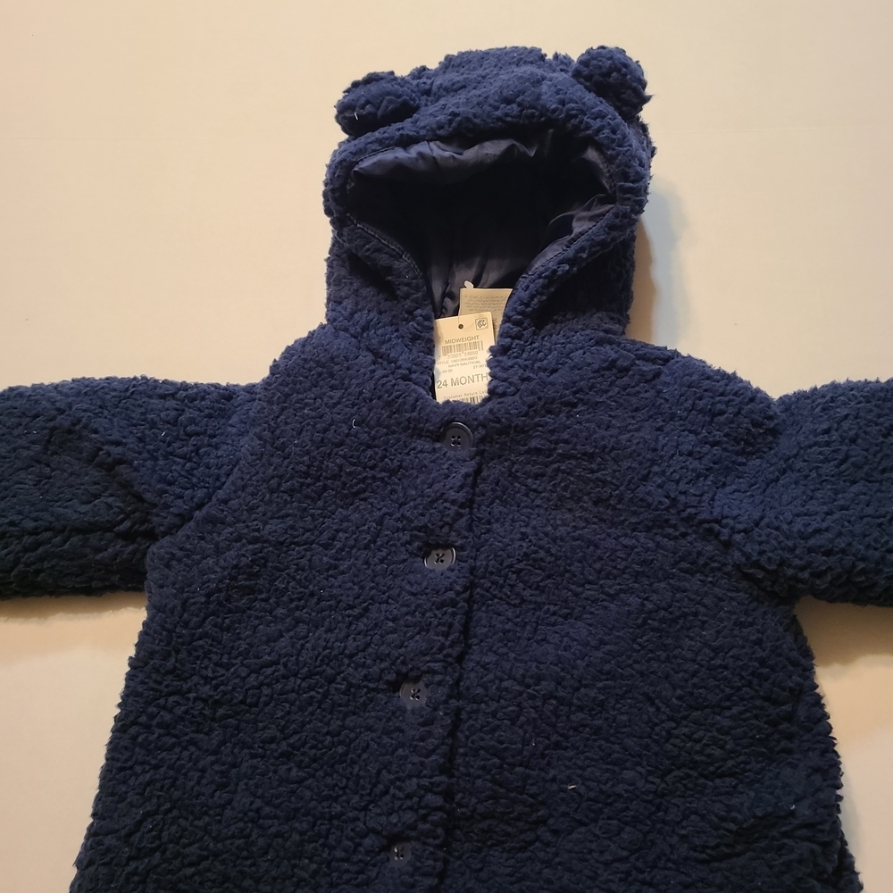 First Impressions Navy Blue Hooded Teddy Coat NWT 24 Months Fleece Button Front - Picture 2 of 10